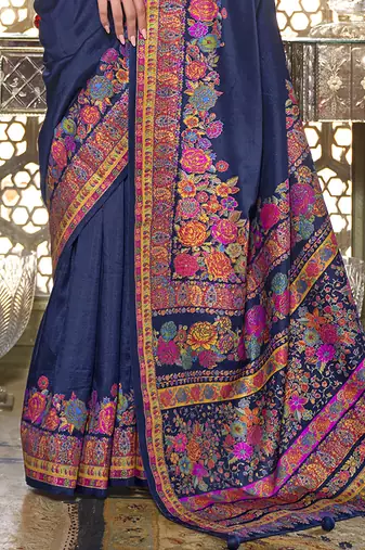 Navy blue poly viscose silk pashmina saree with printed floral motifs saree