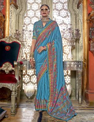 Royal blue poly viscose silk pashmina saree with printed floral motifs saree 1