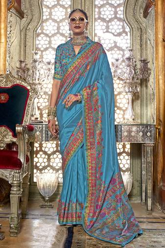 Royal blue poly viscose silk pashmina saree with printed floral motifs saree
