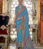 Royal blue poly viscose silk pashmina saree with printed floral motifs saree