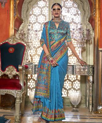 Royal blue poly viscose silk pashmina saree with printed floral motifs saree 2