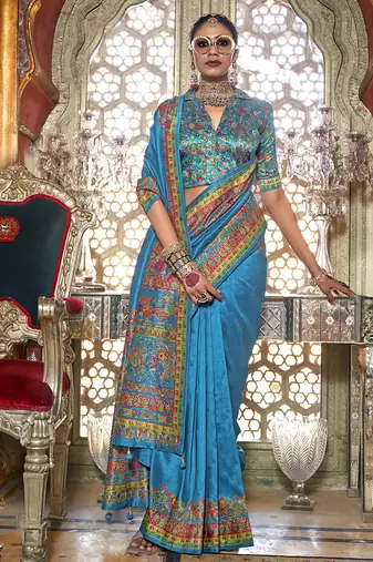 Royal blue poly viscose silk pashmina saree with printed floral motifs saree