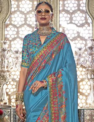 Royal blue poly viscose silk pashmina saree with printed floral motifs saree 3