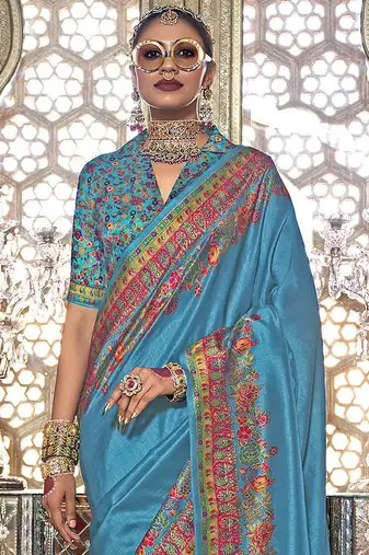 Royal blue poly viscose silk pashmina saree with printed floral motifs saree