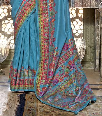 Royal blue poly viscose silk pashmina saree with printed floral motifs saree 4