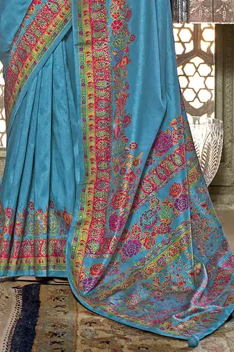 Royal blue poly viscose silk pashmina saree with printed floral motifs saree