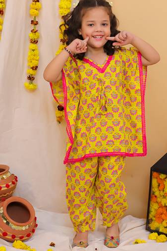 Yellow printed cotton  kaftan and salwar for girls