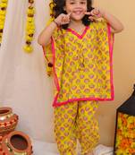 Yellow printed cotton  kaftan and salwar for girls