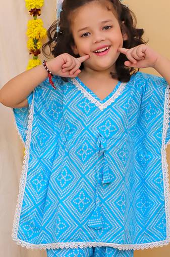 Blue printed cotton kaftan and salwar for girls