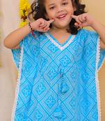 Blue printed cotton kaftan and salwar for girls
