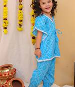 Blue printed cotton kaftan and salwar for girls
