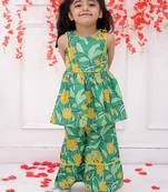 Green printed cotton kurti and sharara with bow-clip for girls