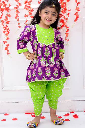 Purple printed cotton peplum kurti and dhoti for girls