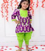 Purple printed cotton peplum kurti and dhoti for girls