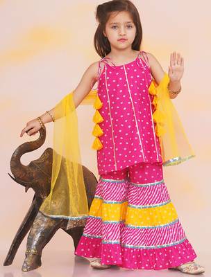 Pink printed cotton bandhani kurti sharara and dupatta for girls 1