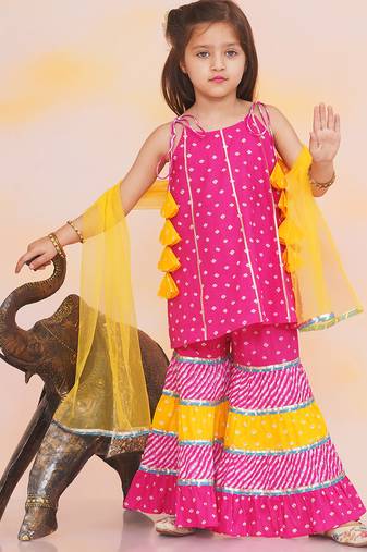 Pink printed cotton bandhani kurti sharara and dupatta for girls
