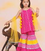 Pink printed cotton bandhani kurti sharara and dupatta for girls