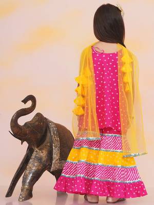 Pink printed cotton bandhani kurti sharara and dupatta for girls 2