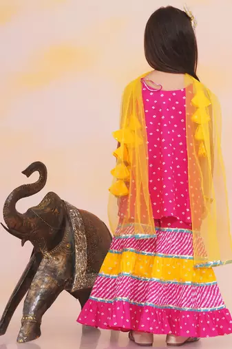 Pink printed cotton bandhani kurti sharara and dupatta for girls