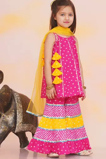 Pink printed cotton bandhani kurti sharara and dupatta for girls