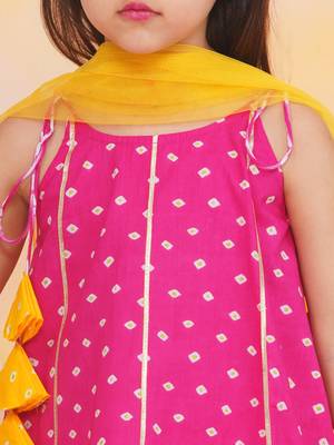 Pink printed cotton bandhani kurti sharara and dupatta for girls 4