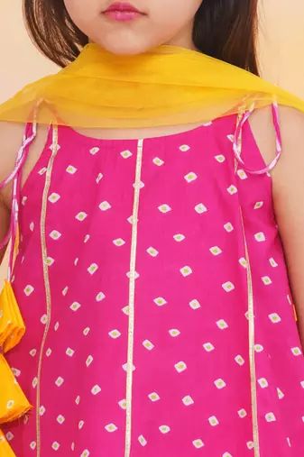 Pink printed cotton bandhani kurti sharara and dupatta for girls
