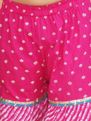 Pink printed cotton bandhani kurti sharara and dupatta for girls 5