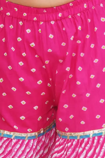 Pink printed cotton bandhani kurti sharara and dupatta for girls