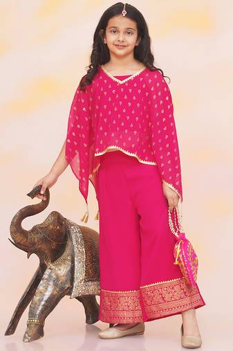 Pink printed chiffon kaftan palazzo with inner for girls
