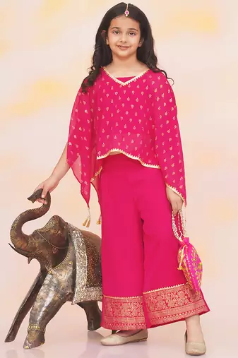 Pink printed chiffon kaftan palazzo with inner for girls