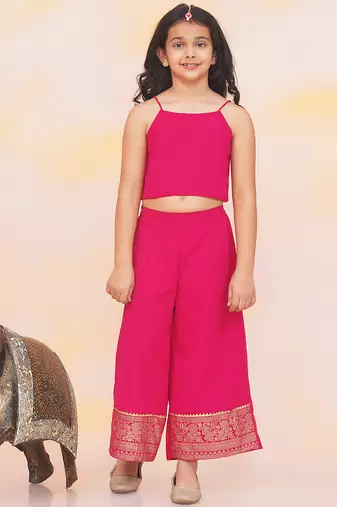 Pink printed chiffon kaftan palazzo with inner for girls