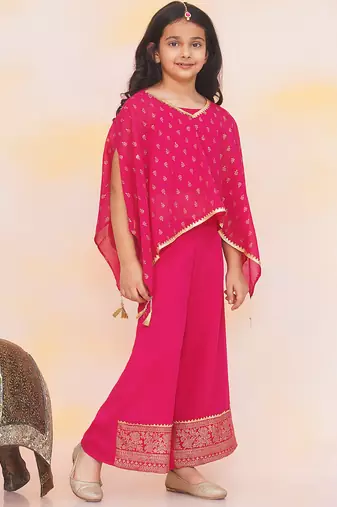 Pink printed chiffon kaftan palazzo with inner for girls