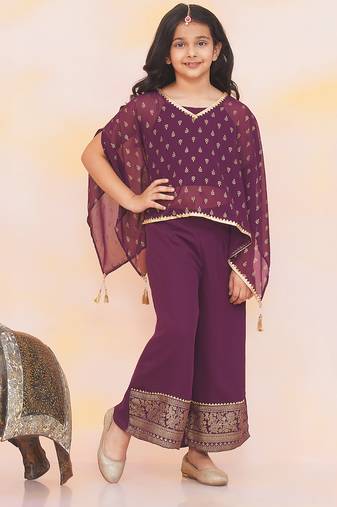 Purple printed chiffon kaftan palazzo with inner for girls