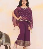 Purple printed chiffon kaftan palazzo with inner for girls