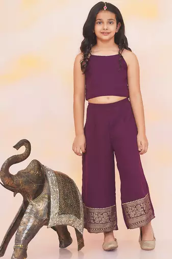 Purple printed chiffon kaftan palazzo with inner for girls