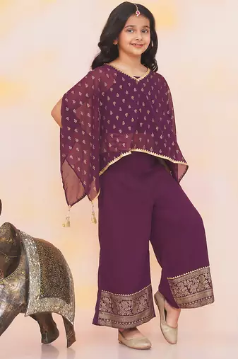 Purple printed chiffon kaftan palazzo with inner for girls