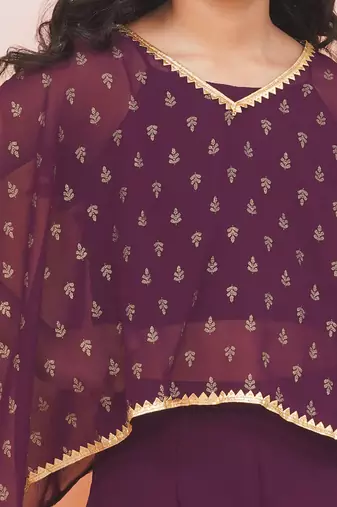 Purple printed chiffon kaftan palazzo with inner for girls