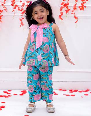 Turquoise printed cotton bow top and pant co-ords for girls 1