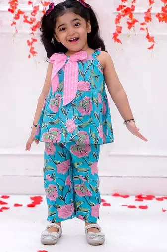 Turquoise printed cotton bow top and pant co-ords for girls