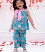 Turquoise printed cotton bow top and pant co-ords for girls
