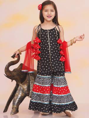 Black printed cotton bandhani kurti sharara and dupatta for girls 1
