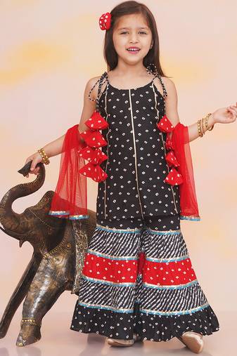 Black printed cotton bandhani kurti sharara and dupatta for girls