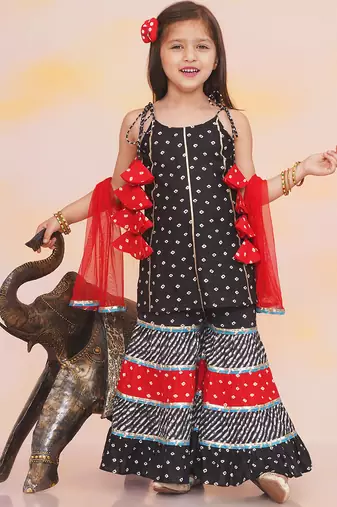 Black printed cotton bandhani kurti sharara and dupatta for girls