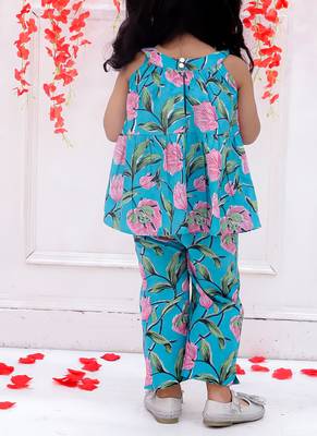 Turquoise printed cotton bow top and pant co-ords for girls 2