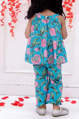 Turquoise printed cotton bow top and pant co-ords for girls
