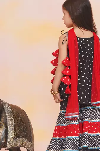 Black printed cotton bandhani kurti sharara and dupatta for girls