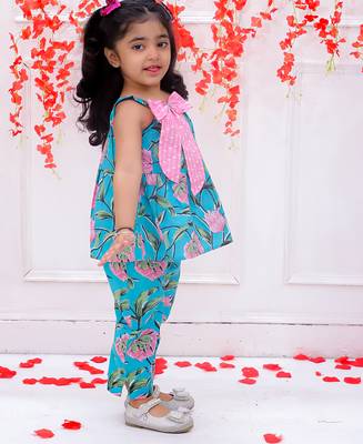 Turquoise printed cotton bow top and pant co-ords for girls 3