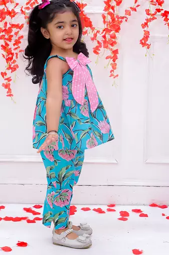 Turquoise printed cotton bow top and pant co-ords for girls