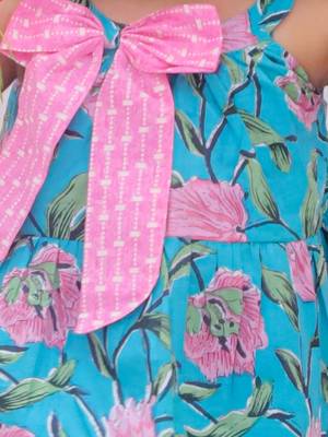 Turquoise printed cotton bow top and pant co-ords for girls 4