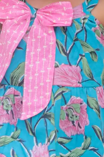 Turquoise printed cotton bow top and pant co-ords for girls